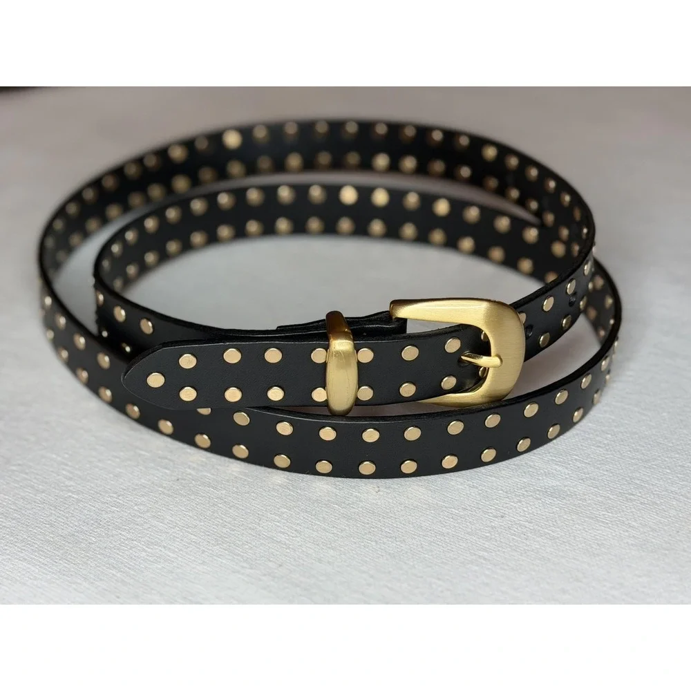 Madewell Flat Studded Western Belt Women's XL Black Leather Gold Buckle Boho